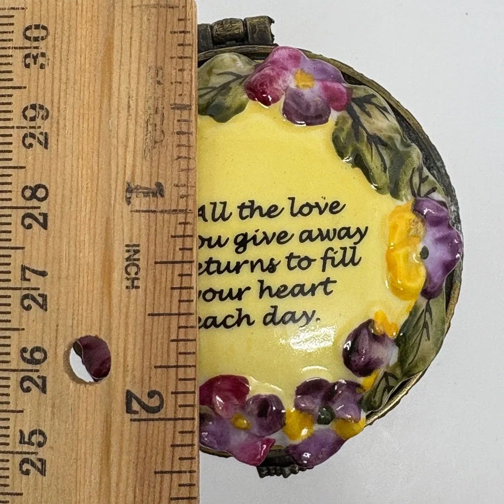 Bombay Co Yellow Floral Porcelain Hinged Lid Trinket Box Candle Quote BFF Love